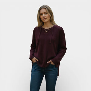 ROOTS Knit Lace Up V-neck Burgundy Maroon Wool Blend Pullover Sweater, Size M